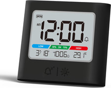 Small Battery Operated Alarm Clock, Date Temperature Humidity Diaplay