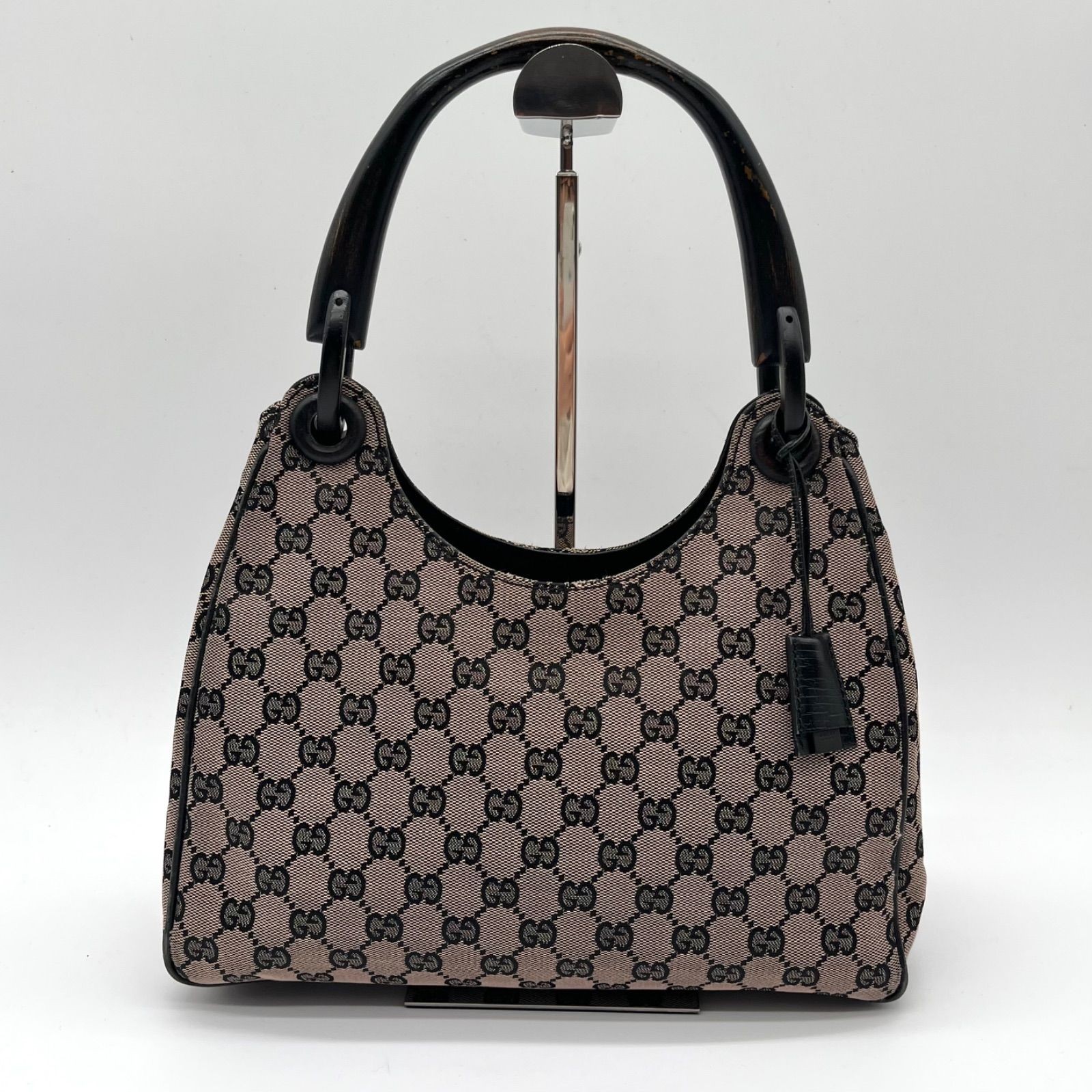 GUCCI Shoulder bag GG canvas leather Wooden handle Black Authentic From Japan