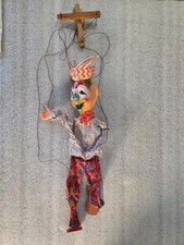 Vintage Mexican Clown Marionette String Puppet - Hand Crafted with Straw Hat 15"