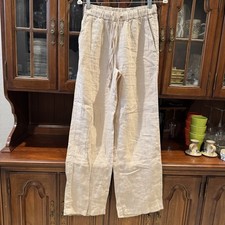 Caslon Beige Women's Pull On Drawstring Straight Leg Linen Pants Size XS Coastal