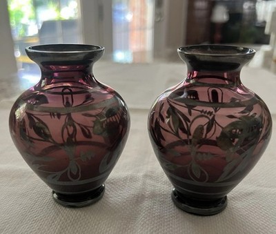 Irving Rice Venetian Glass 2 Bud Vases Amethyst w Silver Overlay Sticker Italy