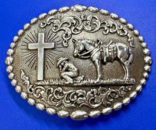 Praying Cowboy with Horse at Cross Vintage Nocona Religious Faith Belt Buckle