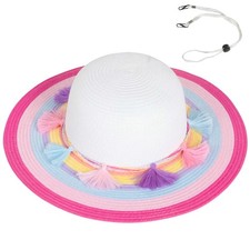 UPF 50 Toddler Kids Girls Summer Straw Beach Sun Hat Wide Rainbow Brim Cute