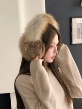 Full Cover Real Golden Island Fox Fur Earmuffs Earflap Ear Muffs Collar Headband