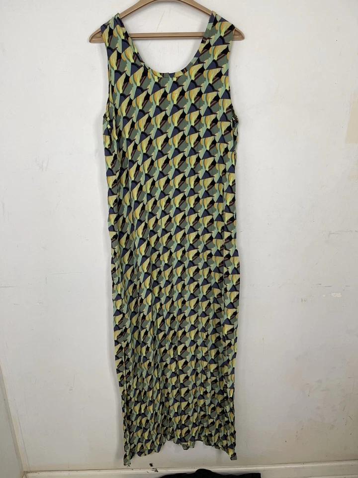 Vestido de lino para mujer grande Maxi Lagenlook viaje geométrico boho resort vacaciones Foto 3 de 4