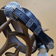 Vintage CHACON 4pc Sterling Silver 925 Belt Buckle Black Leather Belt 38