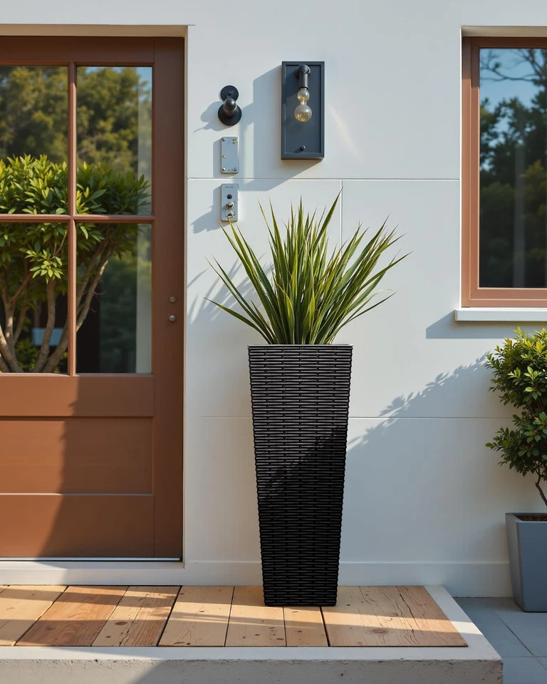 Macetas de plástico de 24 pulgadas de alto con textura de ratán - Juego de 2, interiores desmontables... Foto 3 de 4