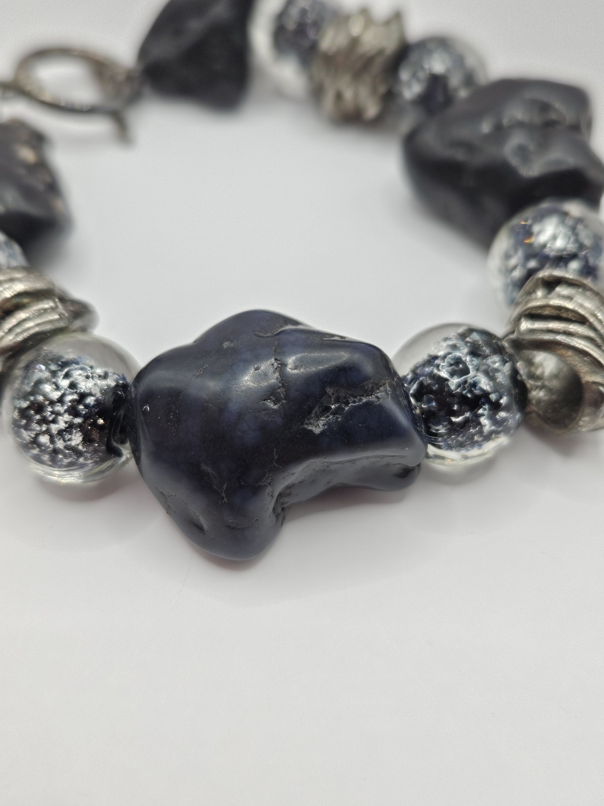 Handmade Lava Stone And Silver Foil Bead Bracelet Chunky Blue Black Boho Earthy