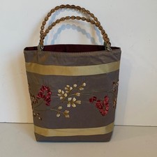 Embroidered Taupe Small Handbag Purse Evening Bag Flowers Beaded Handles