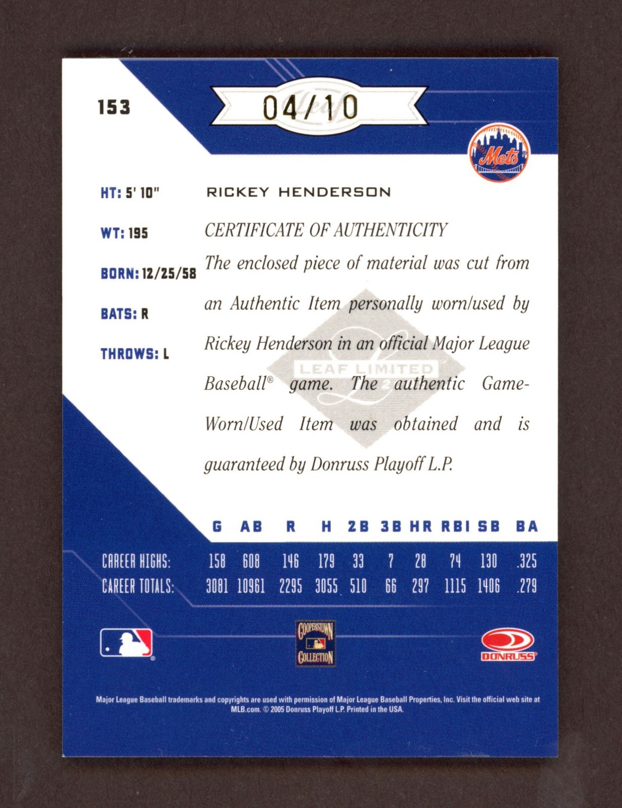 Rickey Henderson 2005 Leaf Limited Game-Used 3-Color PATCH AUTO 4/10 Mets HOF view 3