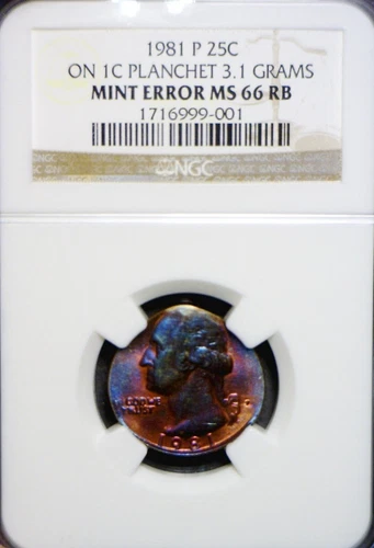 1981 ERROR NGC MS66 Off Metal Washington Quarter Cent Wrong PLANCHET GEM BU Coin