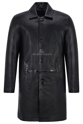 Men's Knee Length Leather Coat Black Classic 3/4 Trench Real Lambskin Coat 1476