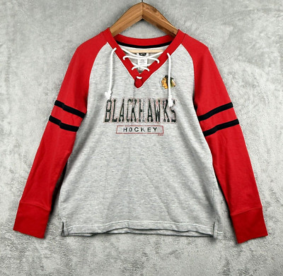 Chicago Blackhawks Lace Up Sweatshirt Womens L Red Gray NHL Fandom Hockey