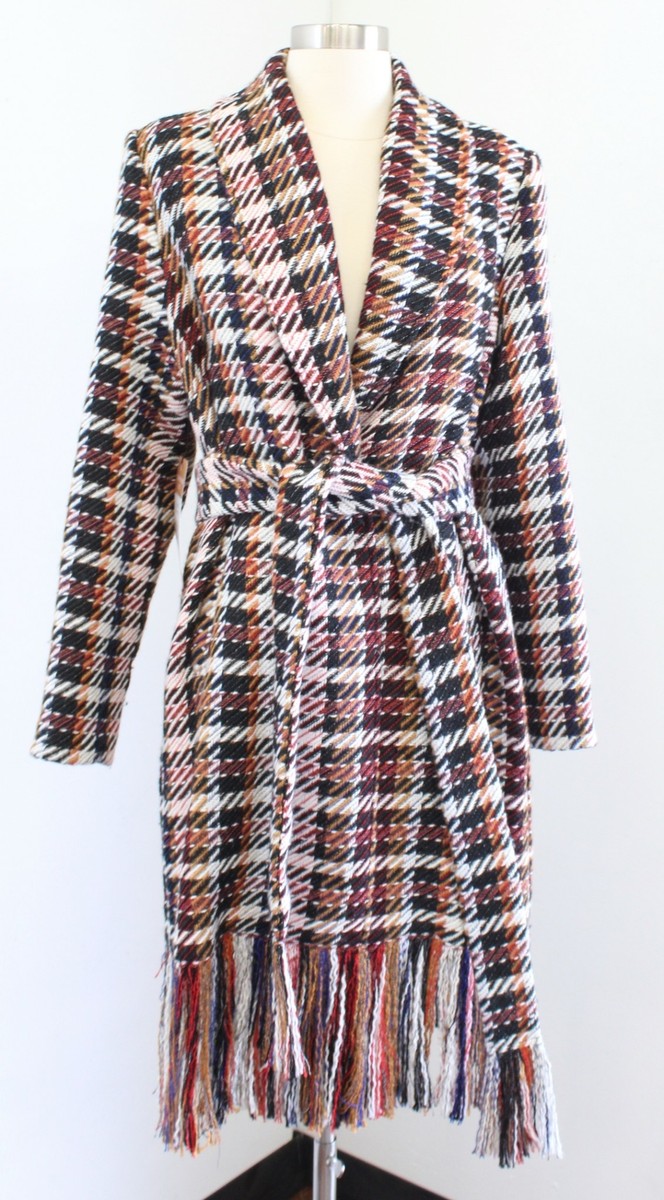 NWT Cabi Regency Coat Colorful Plaid Fringe Tie Waist Trench