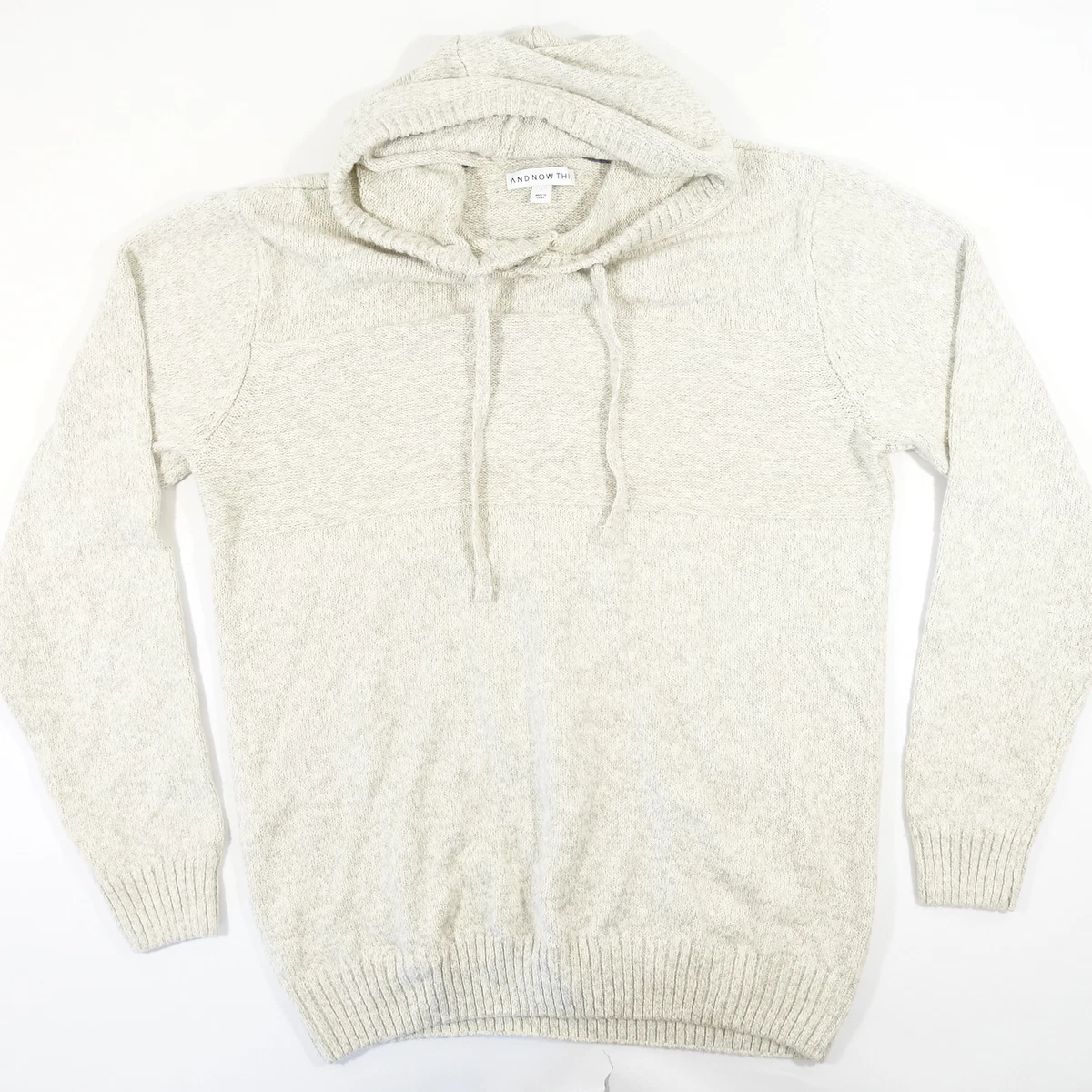 AND NOW THIS BEIGE HEATHER LARGE KNIT HOODIE SWEATER MENS PREOWNED