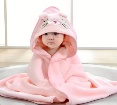 Baby Badetuch mit Pussy Cat Applikation auf Kapuze. Sehr weich, warm. Babygeschenk 