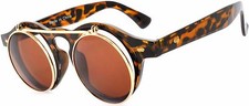Flip Up C7 Gothic Retro Round Plastic Sunglasses Leopard Frame Brown Lens