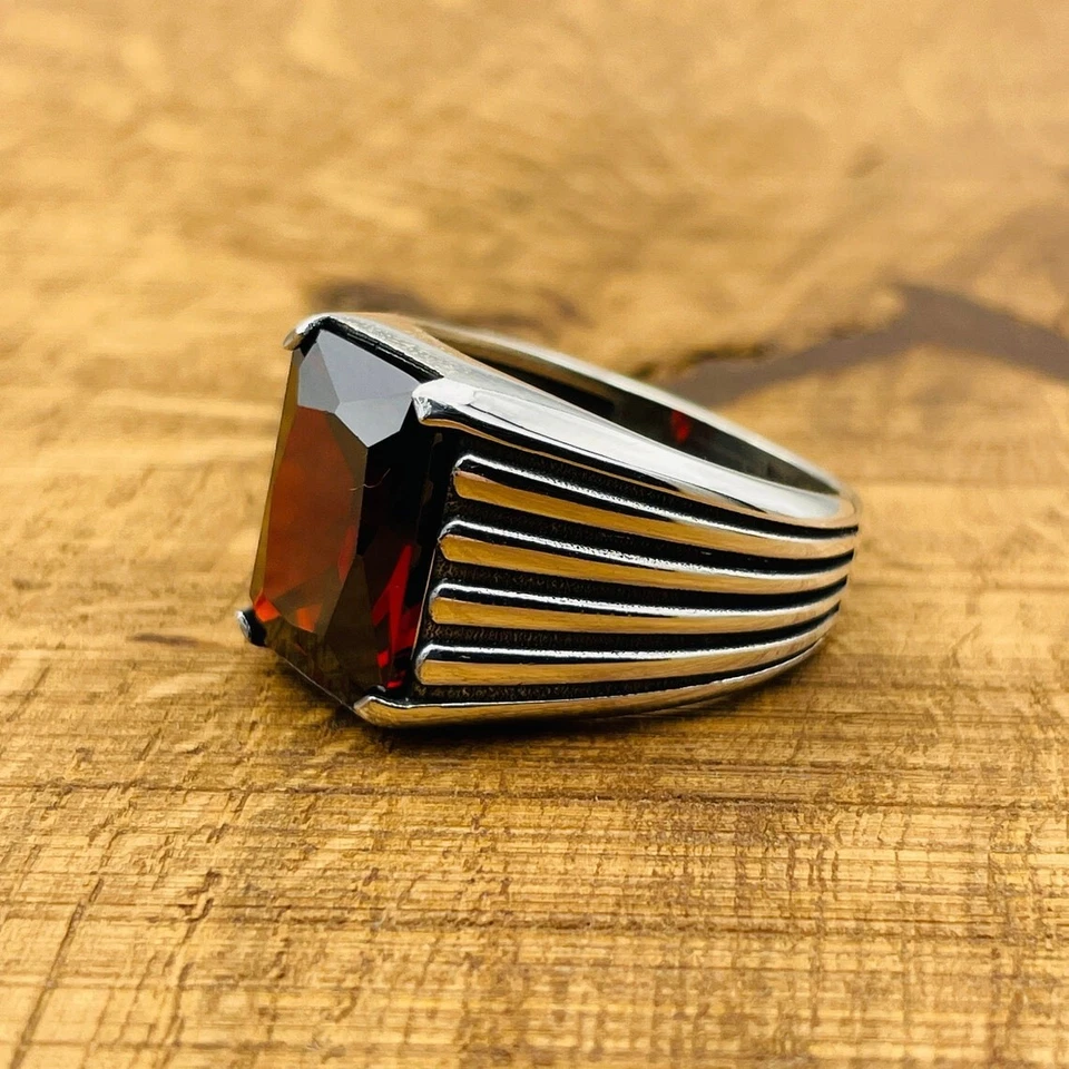 Anillos otomanos de plata 925 con piedras preciosas granate rojo hechos a mano para hombre joyería MR#413 Foto 4 de 4