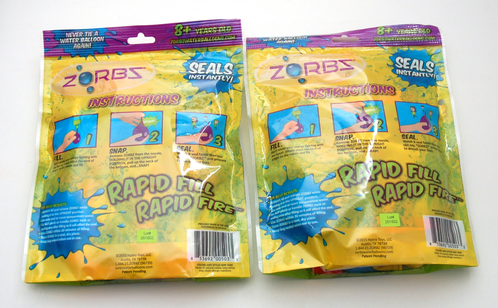 Lot of 2 Zorbz Water Balloons 100 Pack Self Sealing No Tie Water