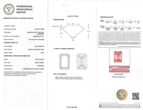Bague fantaisie diamant rose intense émeraude cultivée en laboratoire IGI 3,07 ct or 14 carats 3,45 ctw - Photo 3 sur 11