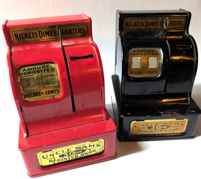TWO BANKS Vintage Metal Toy Bank Uncle Sam's 3 Coin Cash Register Bank x 2