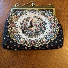 Vintage Faux Petit Point Tapestry Purse Floral Gold Chain EUC EE 