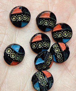 Antique Art Deco Czech Black Glass Red Blue & Gold Button Lot 8 In Total