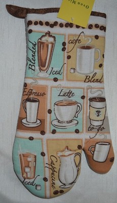 Kitchen Oven Mitt~Coffee Cup~Espresso~Latte~Cappucino~Iced~Bean~Brown~Blue~NEW