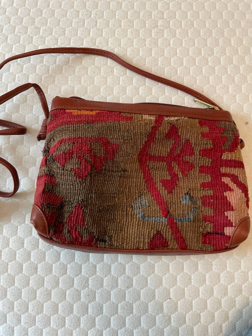 Kilim Carpet Crossbody Bag Leather Trim Boho Turkish Ethnic Red Brown