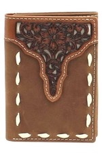 Ariat Mens Floral Tooled Overlay Leather Trifold Western Wallet Tan 