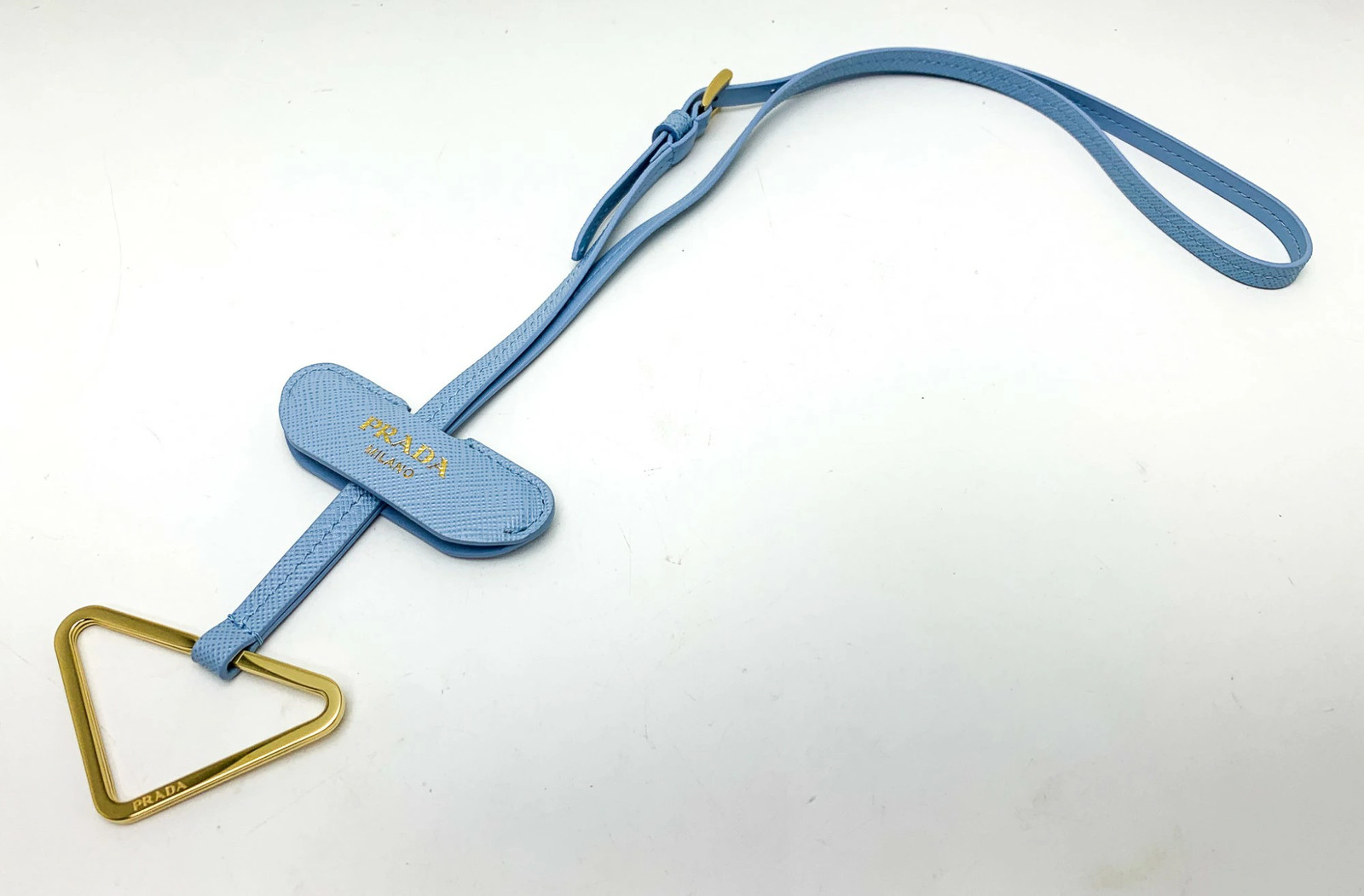 Prada Saffiano Light Blue Triangle Logo Neck Strap Unisex 73cm Excellent thumbnail 3