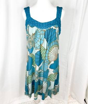 Tori Richard Dress Womens S Blue Shell Print Sleeveless Braided Neck Rayon Blend
