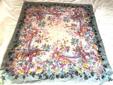 Vintage Floral Garden Silk Scarf 34X 30 Hand Rolled Grey Blue Yellow Pink Boho