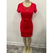 Eliza J Dress Womens Red Beaded Necklace Neckline Sheath Dress with Belt Size 4