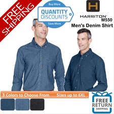    Harriton Men Long Sleeve Denim Shirt pocket Button down Up To 6XL M550