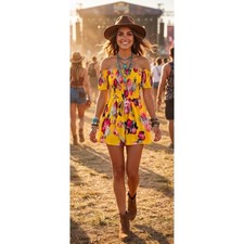 Jaase Yellow Floral Lrg Smocked Off Shoulder Mini Dress Overlay Boho Festival