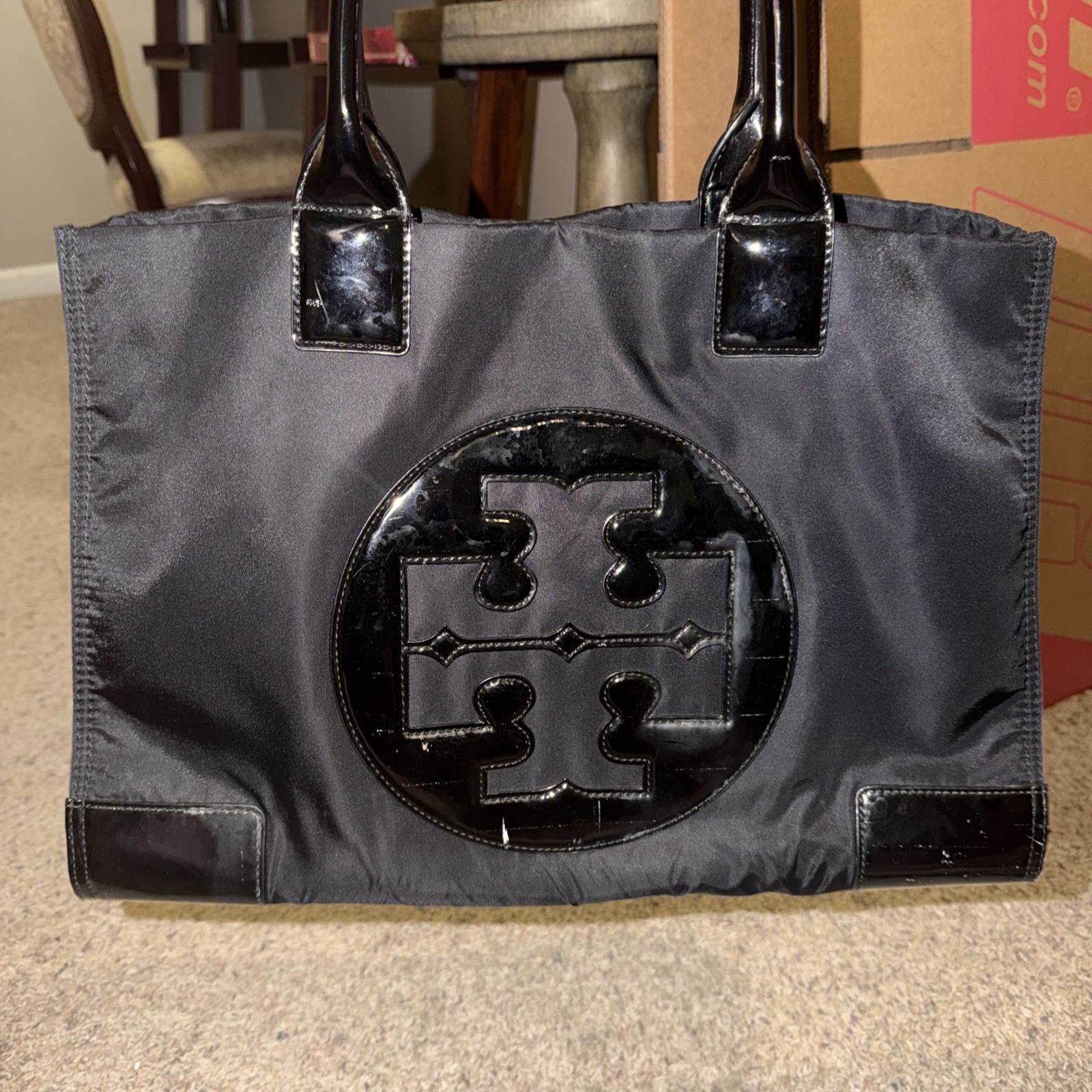 Tory Burch Navy Logo Tote Bag Zip, Inner Pockets Gold Hardware Double Handles