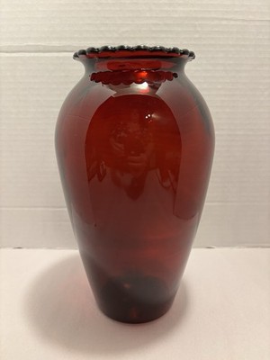 Vintage Anchor Hocking Royal Ruby Red Glass Vase with Scalloped Rim 9'' Tall