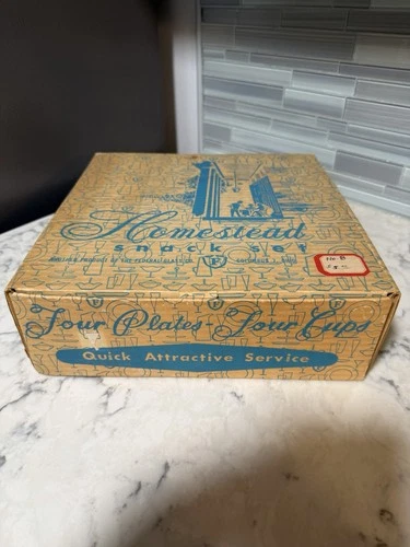 Federal Glass Hospitality Crystal Snack Set Homestead Wheat 4 Plates & Cups NOS