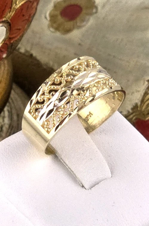 Anillo de oro macizo de 14k* Alto pulido* tamaño 8,5* 9,5 mm de ancho* Incrustación de rodio* WB207 Foto 2 de 4