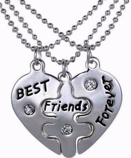 BEST FRIENDS FOREVER 3-Piece Split Heart Silvertone  Crystal PENDANT