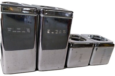 Vtg BEAUTYWARE Metal Canister Set KITCHEN CONTAINERS MCM Retro Silver-plated 50s