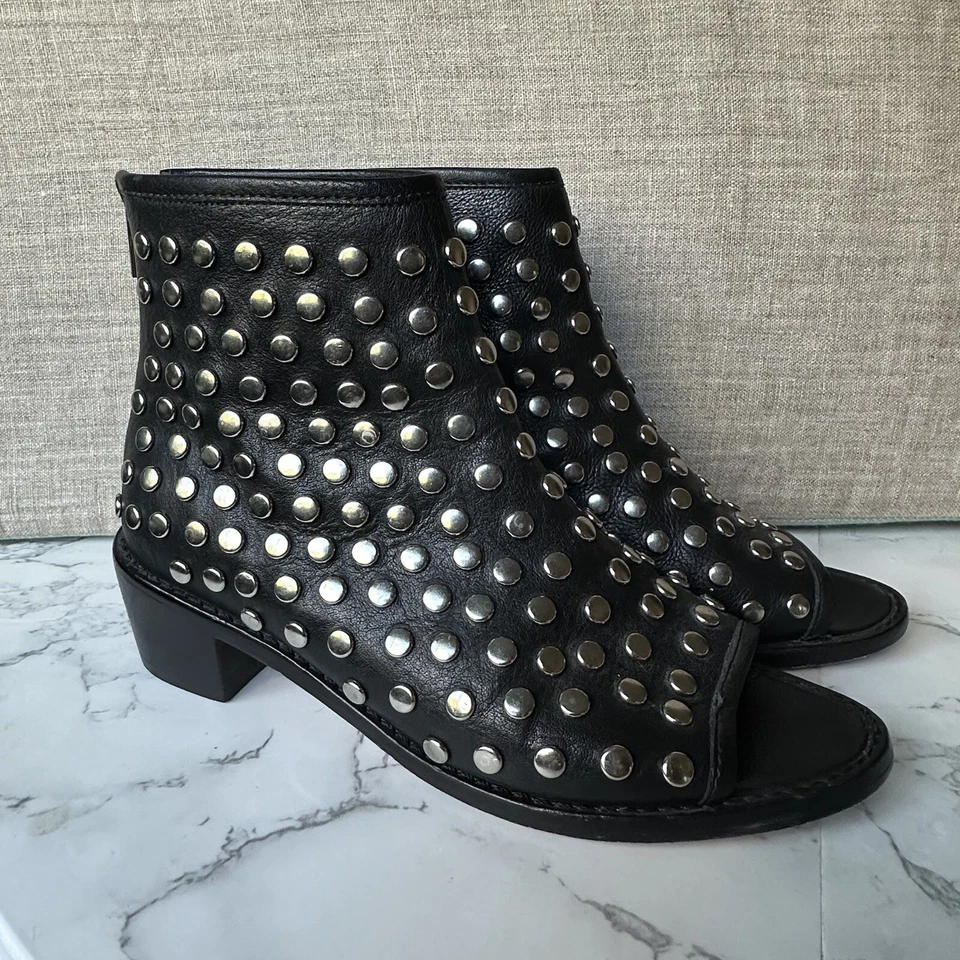 Botas Loeffler Randall para mujer 6 botines al tobillo de cuero negro punta abierta con tachuelas Foto 3 de 4