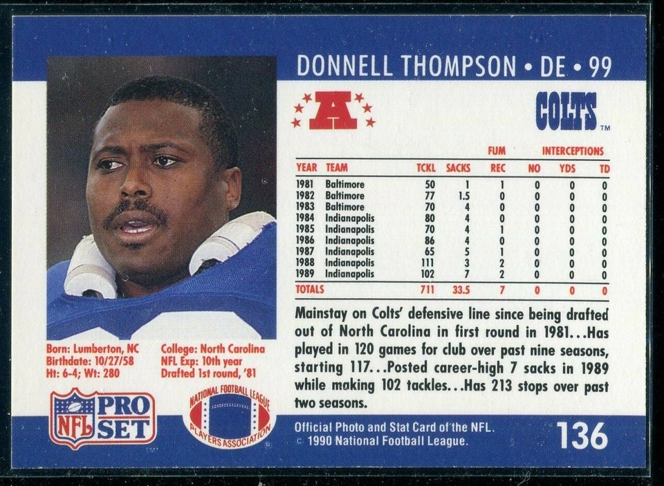 1991 Pro Set Football Donnell Thompson #136 Indianapolis Colts | eBay