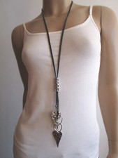 Modekette Bettelkette Damen Hals Kette Band lang Silber Schwarz Herzen Charms !