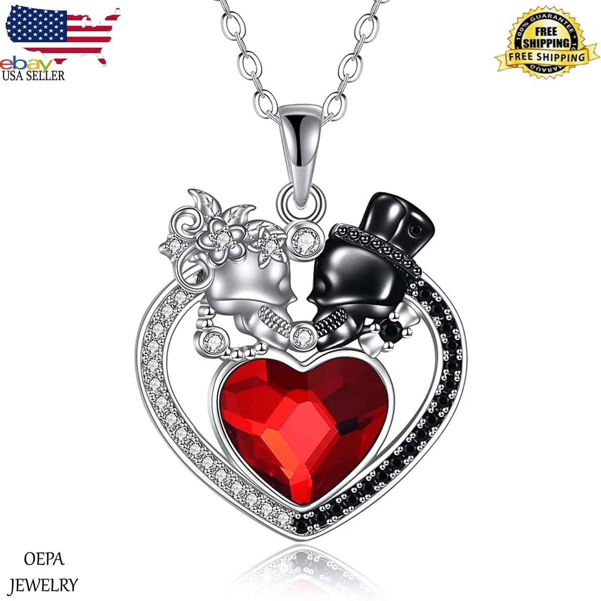 925 Sterling Silver Skull Red Heart Pendant Necklace Women Skull