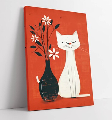 WEISSE KATZE UND BLUMEN ILLUSTRATION - TIEF GERAHMTES LEINWANDBILD WANDBILD BILD DRUCK
