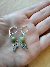 Celtic Cross Earrings Connemara marble 925 Sterling silver Leverback Quality USA