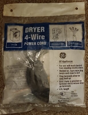 GE  4 Wire 30 Amp 4 FT Dryer Cord w/ Ring Terminals & Strain Relief Cord Clamp