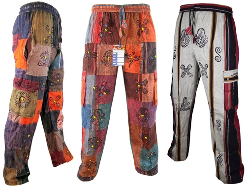 Men Cotton Patchwork Om Symbol Elastic Waist Loose Fit Gypsy Pants Boho Trousers